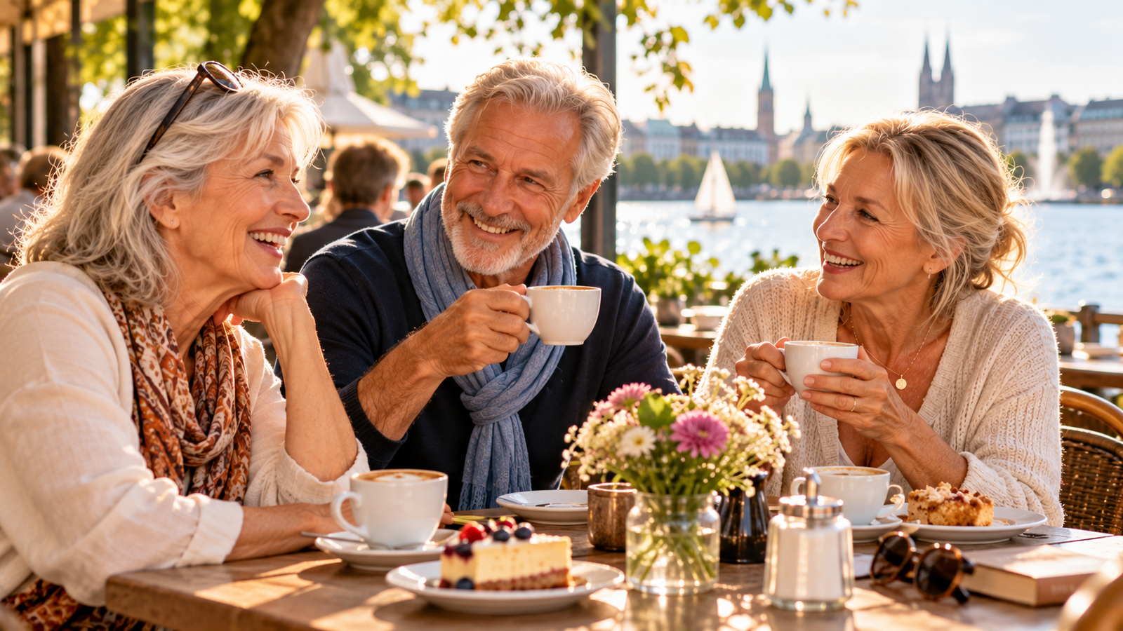 Drei ältere Freunde genießen gemeinsam Kaffee und Kuchen in einem Café am Wasser.