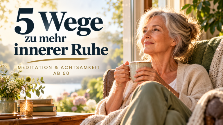 Entspannte Frau ab 60 sitzt mit einer Tasse Tee im sonnigen Sessel am Fenster – Meditation und Achtsamkeit für mehr innere Ruhe im Alter.