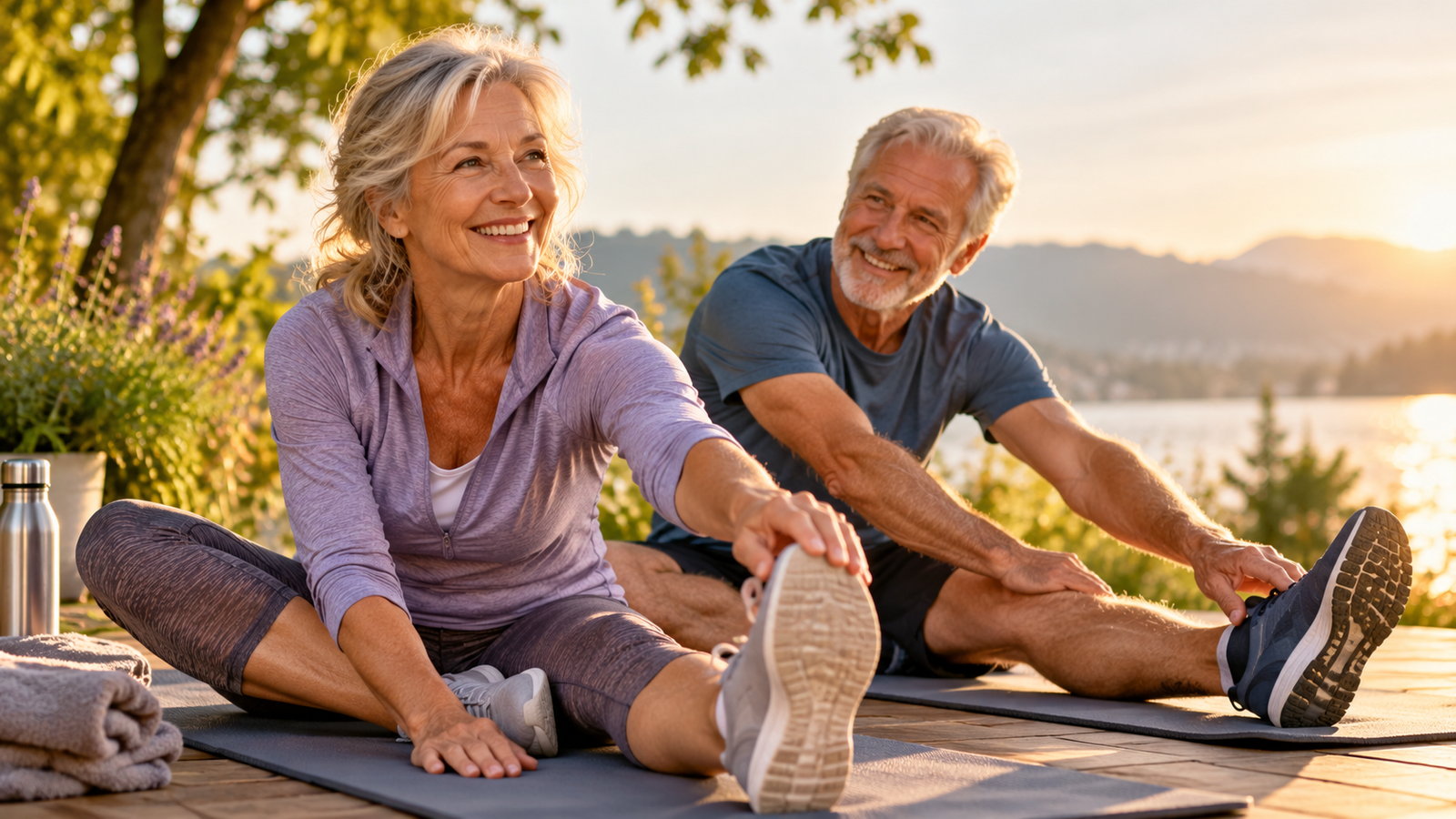 Seniorenpaar macht gemeinsam sanfte Dehnübungen auf Yogamatten am See.