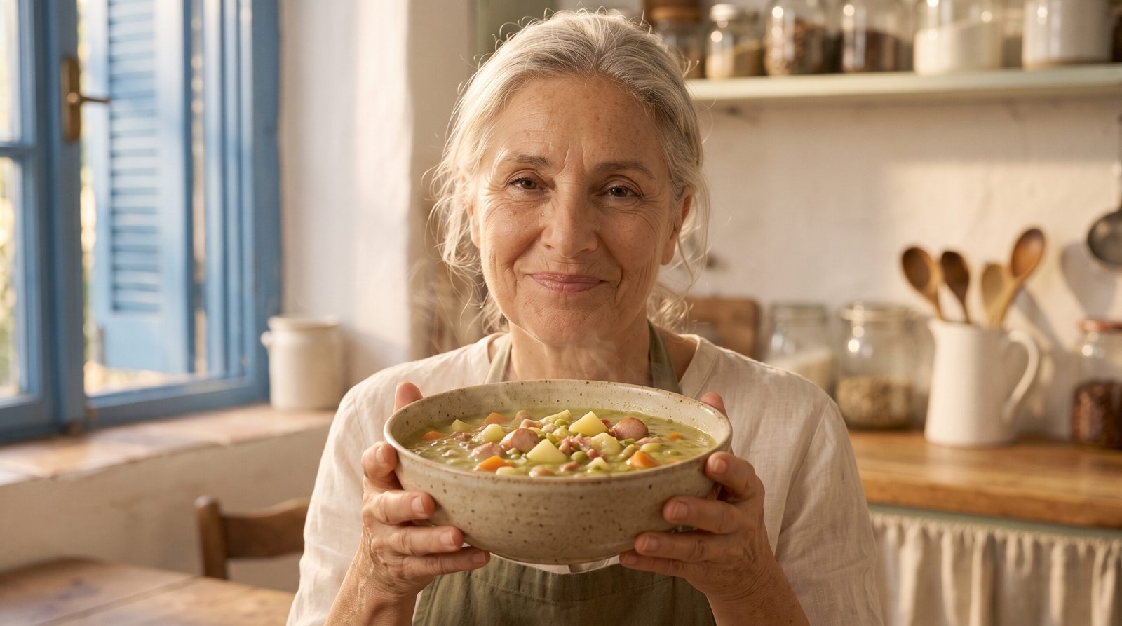 Omas Erbsensuppe mit Speck und Würstchen, serviert von einer lächelnden Köchin in der Landküche