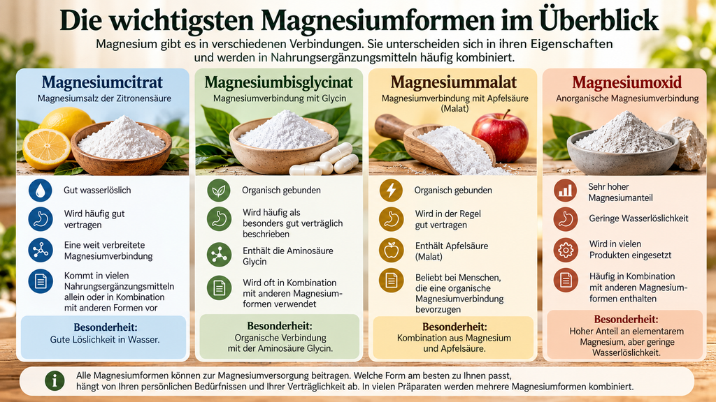 Magnesiumcitrat, Magnesiumbisglycinat, Magnesiummalat und Magnesiumoxid im Überblick