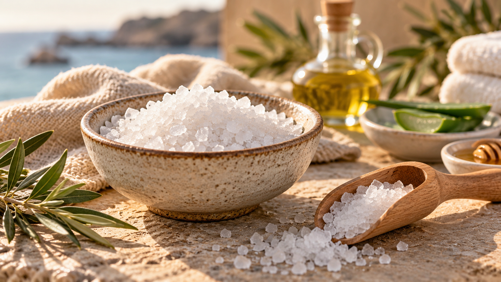 Grobes Meersalz in einer Keramikschale mit Holzschaufel, Aloe vera, Honig und Pflegeöl auf einem hellen Natursteintisch.