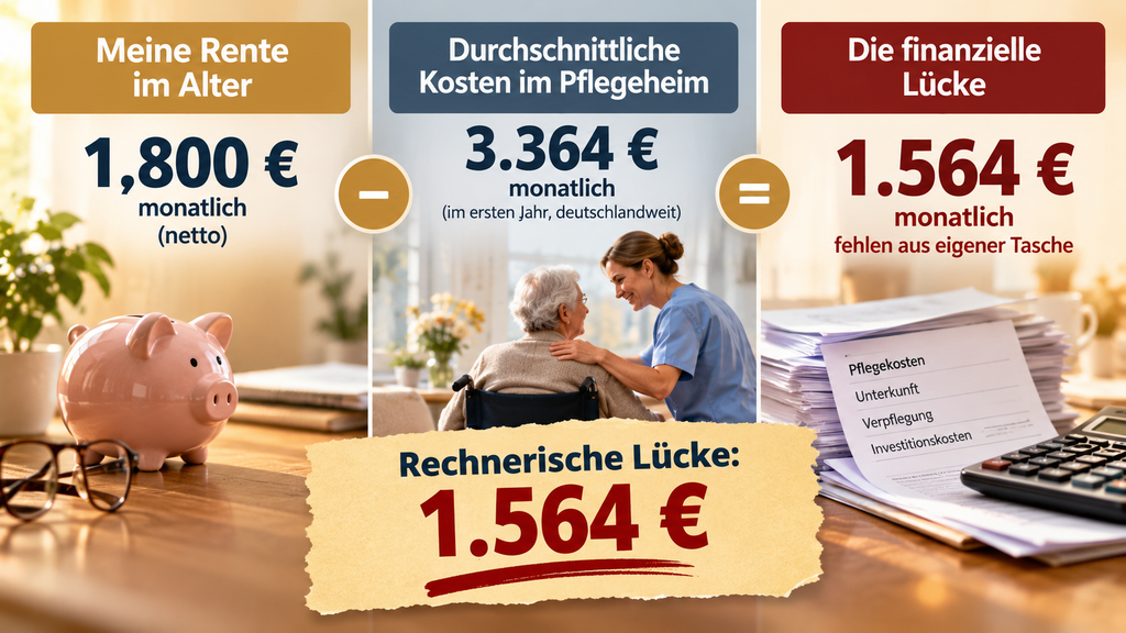 Beispielrechnung zur Pflegelücke: 1.800 Euro monatliche Rente stehen 3.364 Euro Eigenbelastung im Pflegeheim gegenüber. Es entsteht eine rechnerische Lücke von 1.564 Euro.
