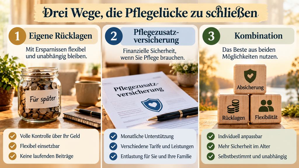 Drei Möglichkeiten, die Pflegelücke im Alter zu schließen: eigene Rücklagen, Pflegezusatzversicherung oder eine Kombination aus beiden.